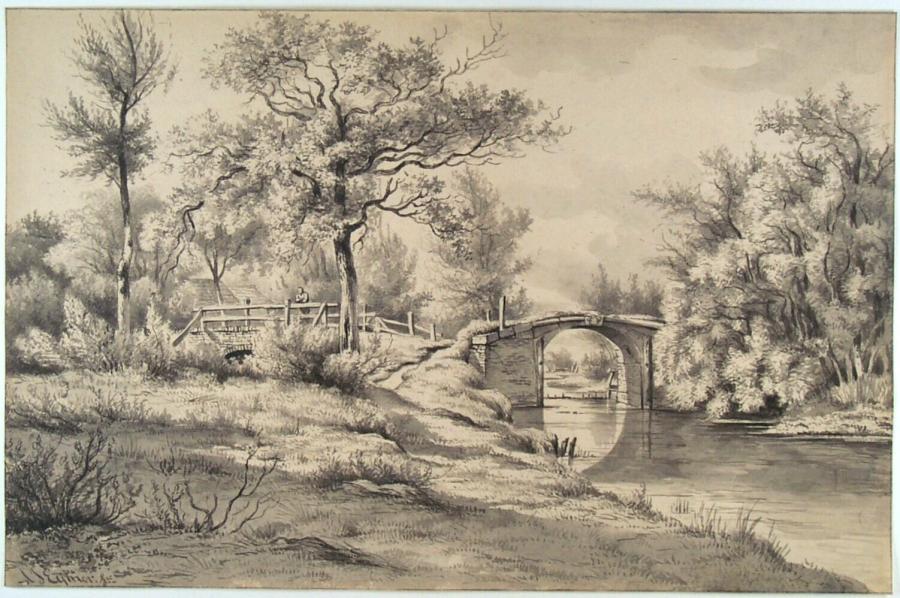 Wooded Landscape With Two Stone Bridges Over a Canal