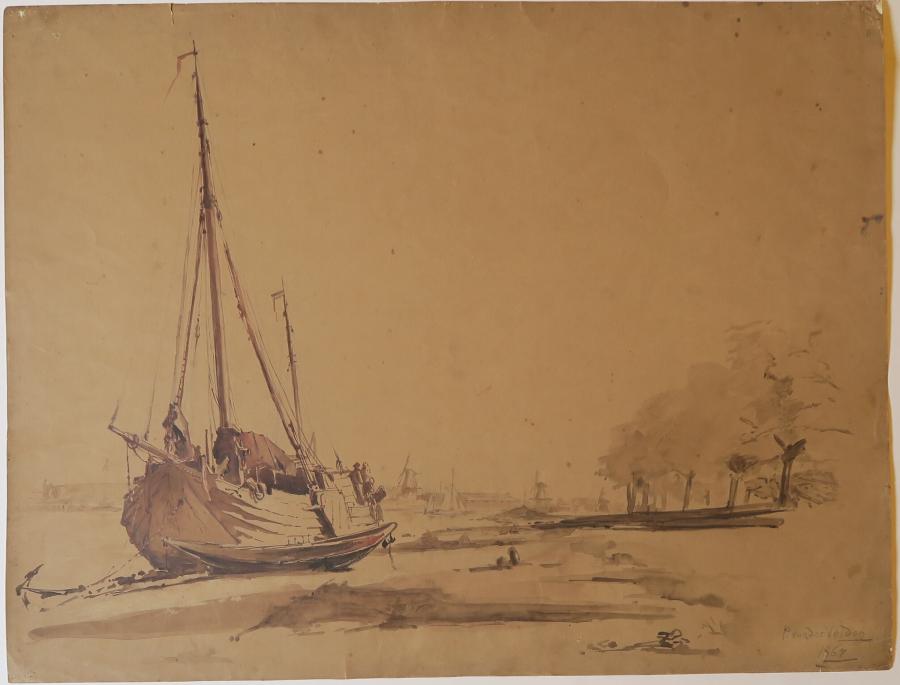 Aangemeerde zeilboot bij een dorp