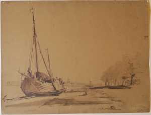 schip-aan-de-oever-van-een-rivier-met-een-sloep