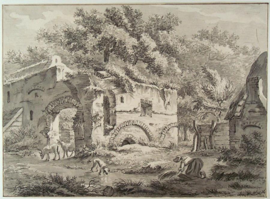 Two Sheep, Dog and Woman near Ruins