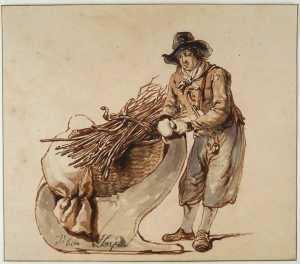 man-with-a-hat-leaning-on-a-sledge-with-a-basket-filled-with-brushwood