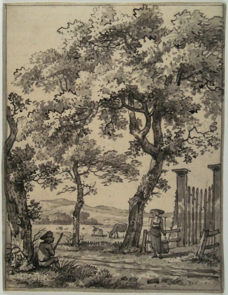 Landscape with a Herdsman and a Milkmaid near a Gate and High Trees, Dunes Beyond
