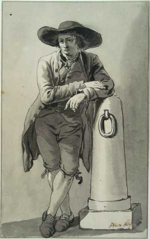 man-with-broad-brimmed-hat-leaning-against-a-stone-pole