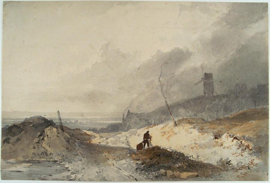 Landschap met figuren en molen