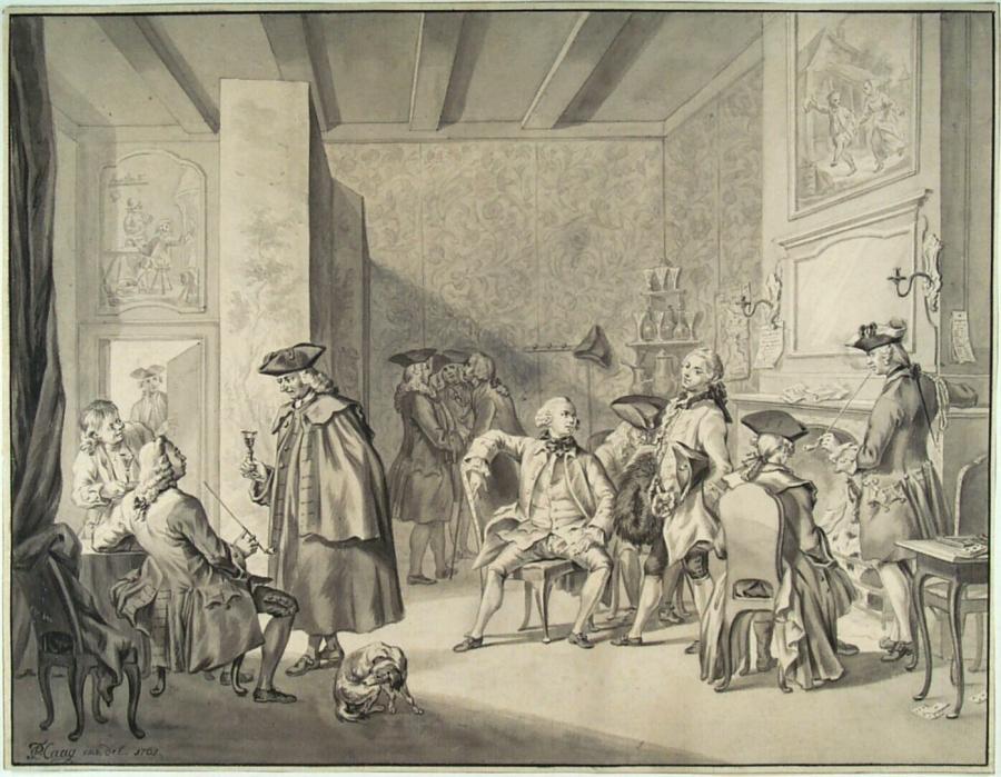 Salon met drinkende en rokende heren