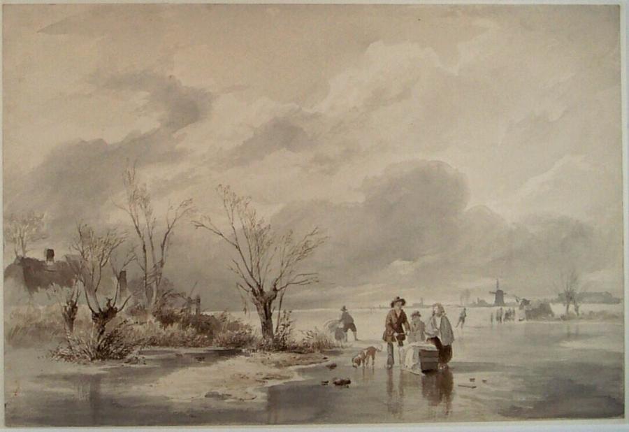 Winter Scene, Skating Figures on Wide, Frozen River