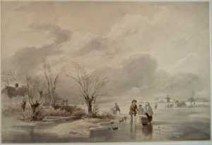 winterscene-schaatsende-figuren-op-brede-bevroren-rivier
