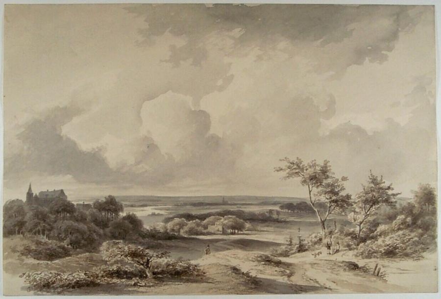 Vergezicht over vlak landschap met  een kerk en twee figuren