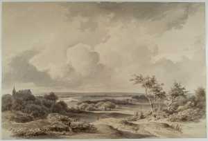 vergezicht-over-vlak-landschap-met-een-kerk-en-twee-figuren