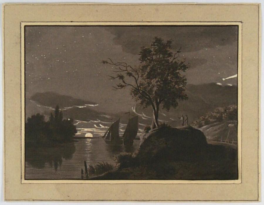 Nocturnal River Landscape With Two Ships and Figures