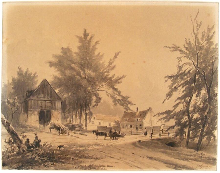 Huifkar met figuur op landweg