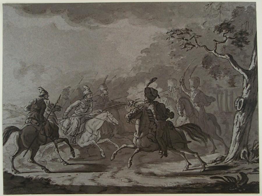 Ruiters met hoge mutsen in gevecht