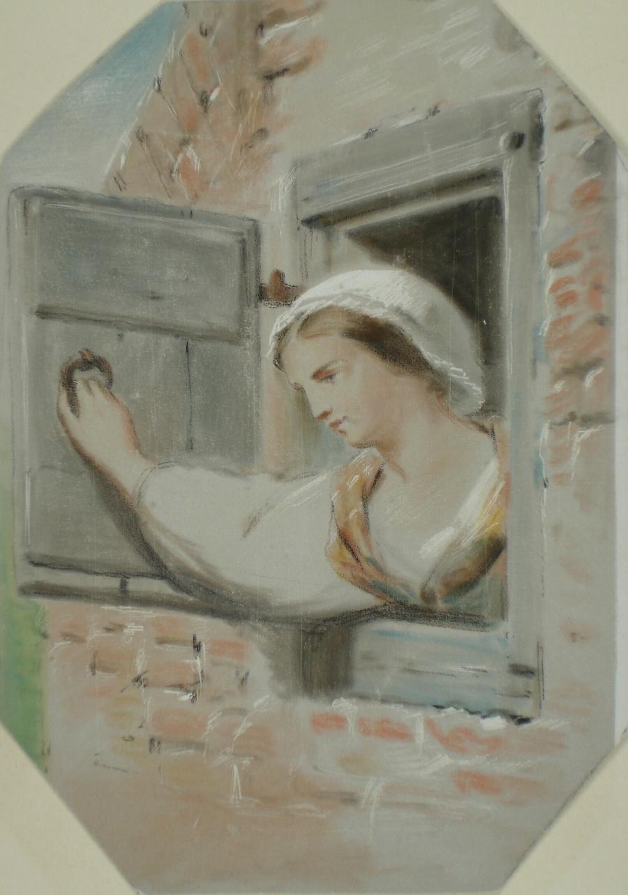 Vrouw in de opening van een luik