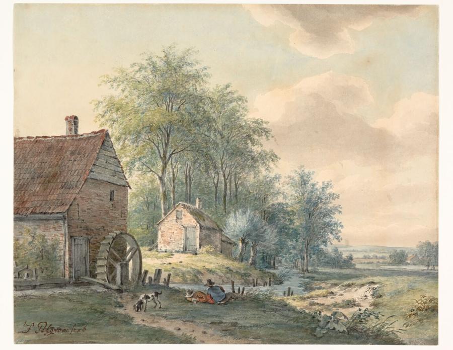 Landschap met watermolen aan een beek