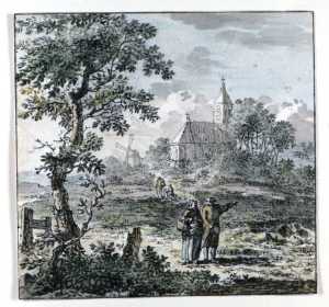Figuren in een bebost landschap, een kerk en molen op de achtergrond