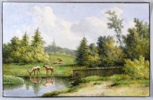 drie-herten-bij-een-hek-aan-een-vijver-in-een-boslandschap