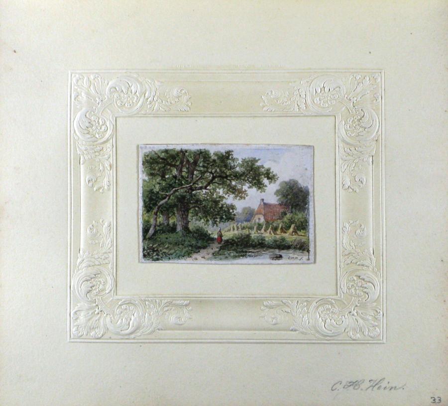 Avant-midi, dans l' Été - Boslandschap met vrouw op een pad bij een veld met korenschoven, daarachter een boerderij