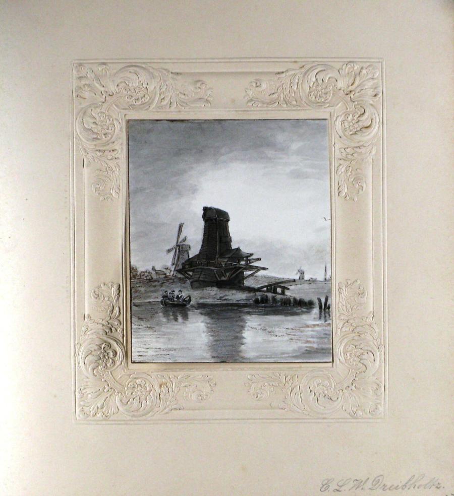 A Windmill without Wings on the Water, Left a Rowboat with Figures