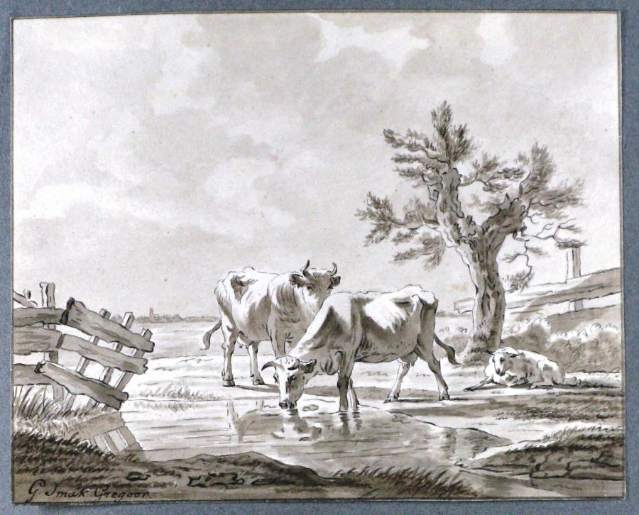 Two Cows and a Sheep at a Water Hole