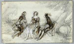 een-jonge-vrouw-met-twee-aanbidders-onder-een-boom