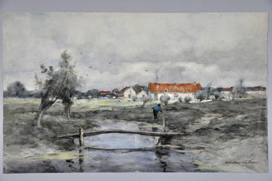 Landschap met boerenwoningen bij een sloot met een loopbrug