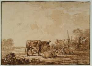 landscape-with-a-herd-of-cows-on-a-river-bank-two-herdsmen-conversing-at-a-fence