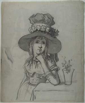 standing-woman-wearing-a-high-hat-leaning-on-a-table