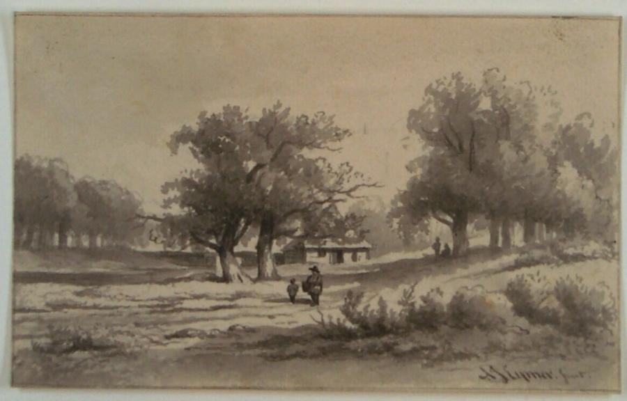 Boslandschap met twee figuren op een landweg bij een boerenwoning