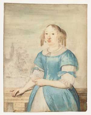 portret-van-een-vrouw-staande-aan-een-balustrade