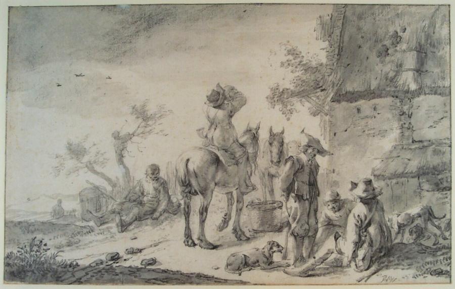 Rustende landarbeiders voor een boerenwoning