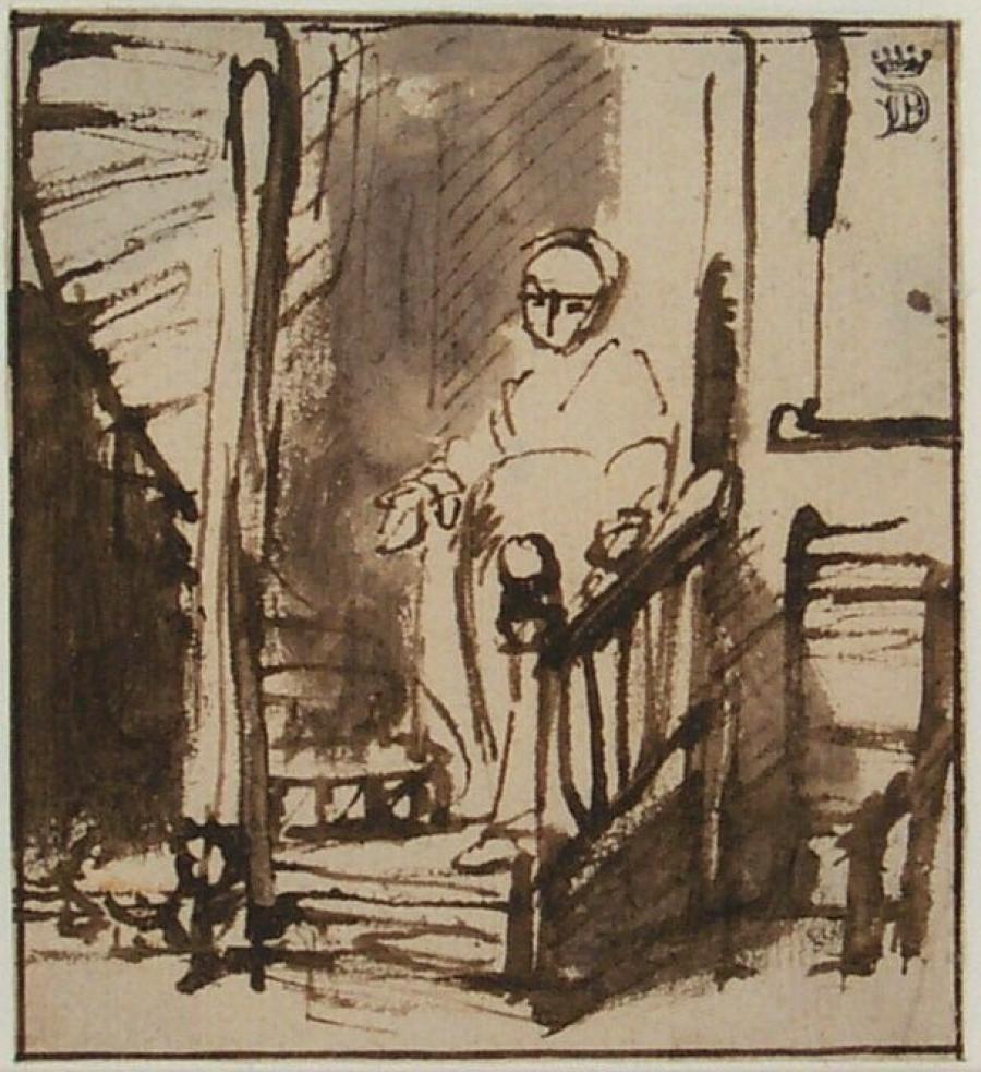 Interieur met een vrouw op een trap