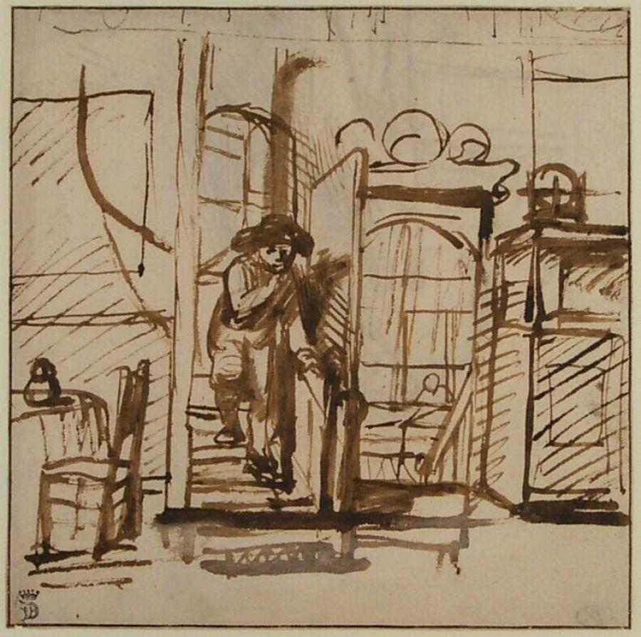 Interieur met een afluisteraar op een trap