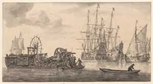 Zeeschepen voor anker en een baggermolen