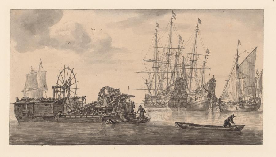 Zeeschepen voor anker en een baggermolen