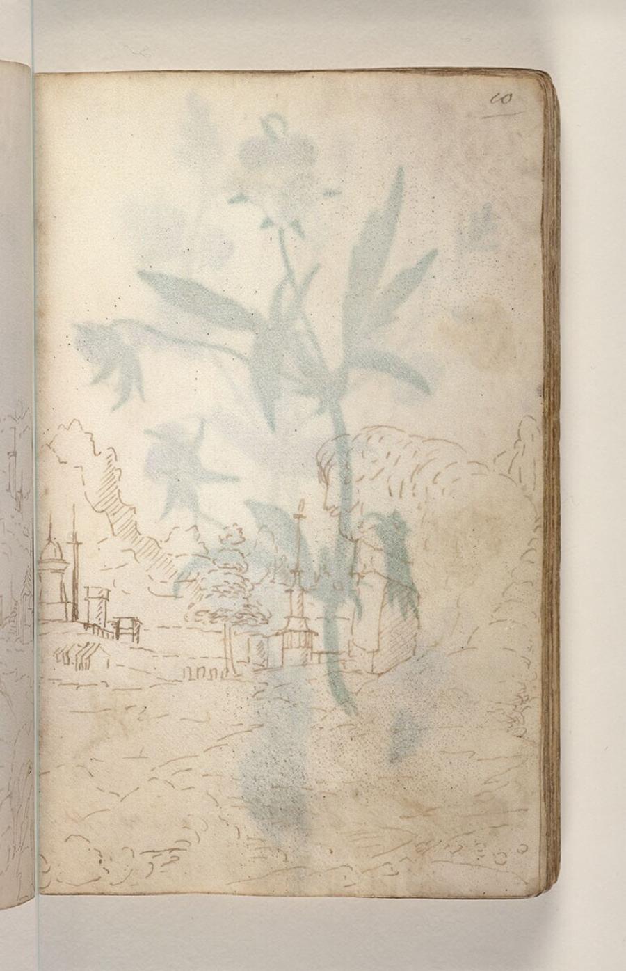 Folio from a Drawing Book: classical towers in a rocky landscape