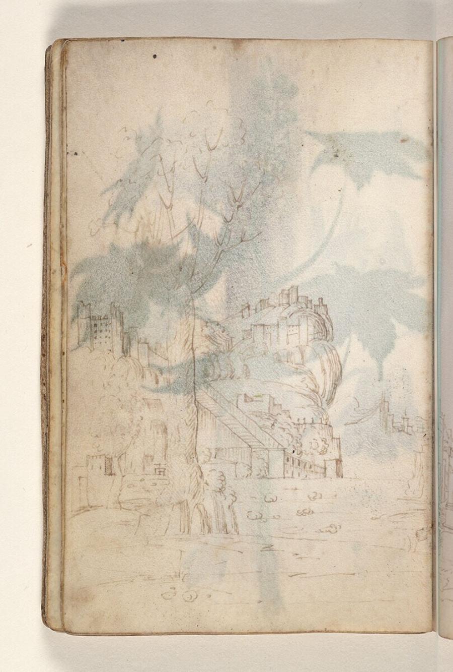 Folio from a Drawing Book: walled city on a rock, a tree in the foreground