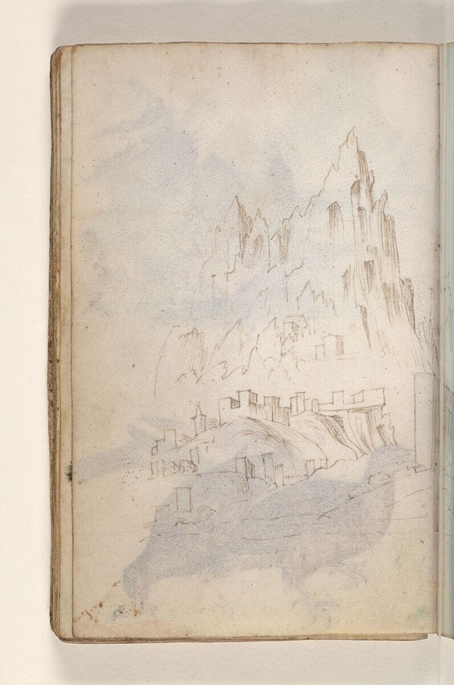 Folio uit een tekeningenboek: kasteel bij een rotsachtige berg