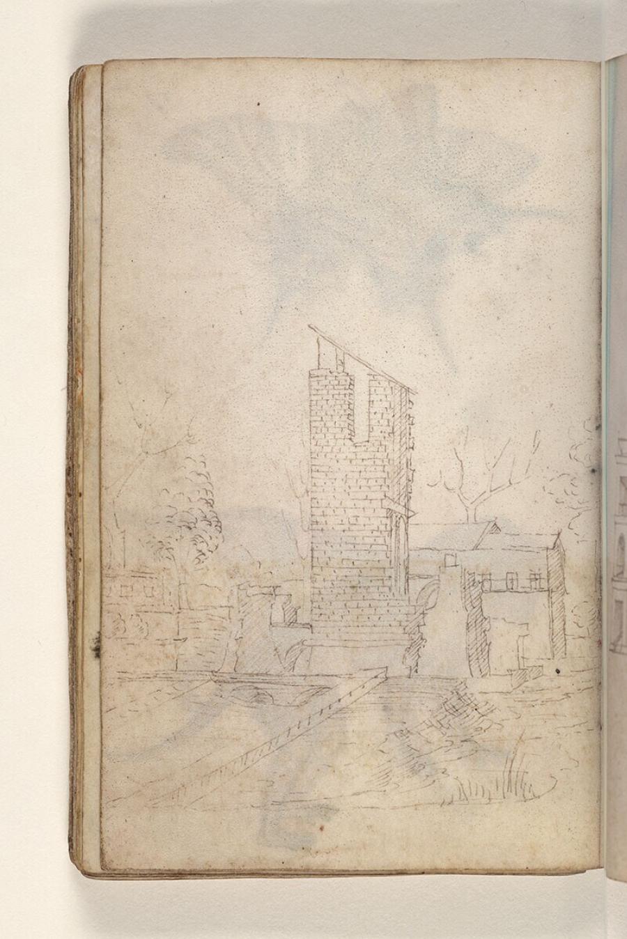 Folio uit een tekeningenboek: verwoeste toren en andere ruïnes tussen bomen