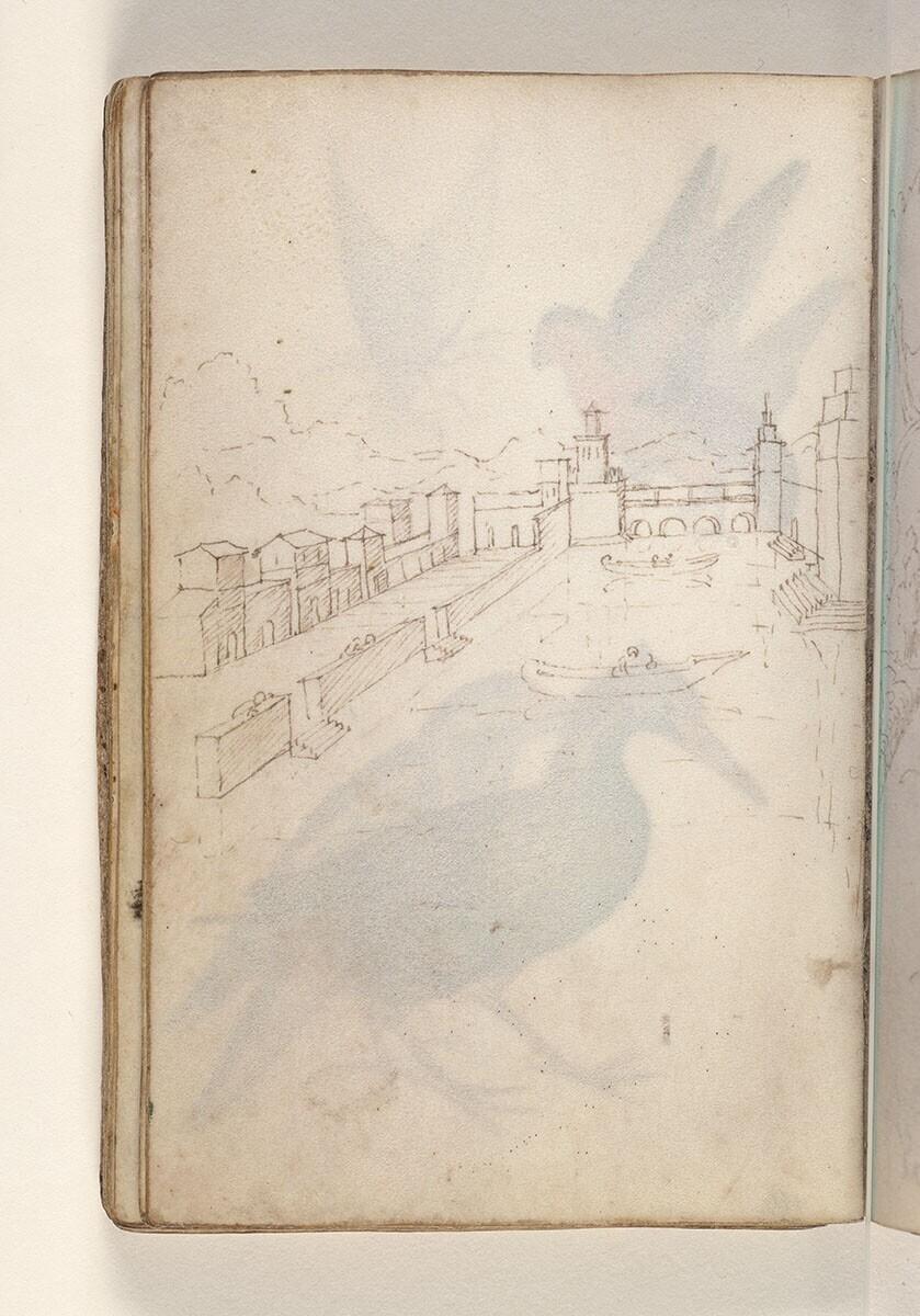 Folio from a Drawing Book: classical city along a river, a connecting bridge in the background