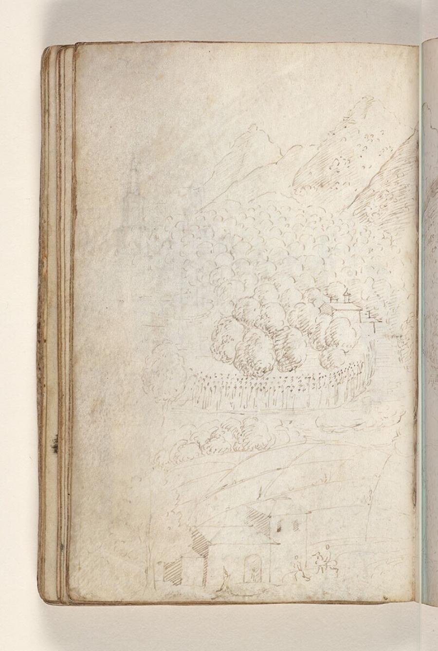 Folio uit een tekeningenboek: bergachtig boslandschap met gebouwen