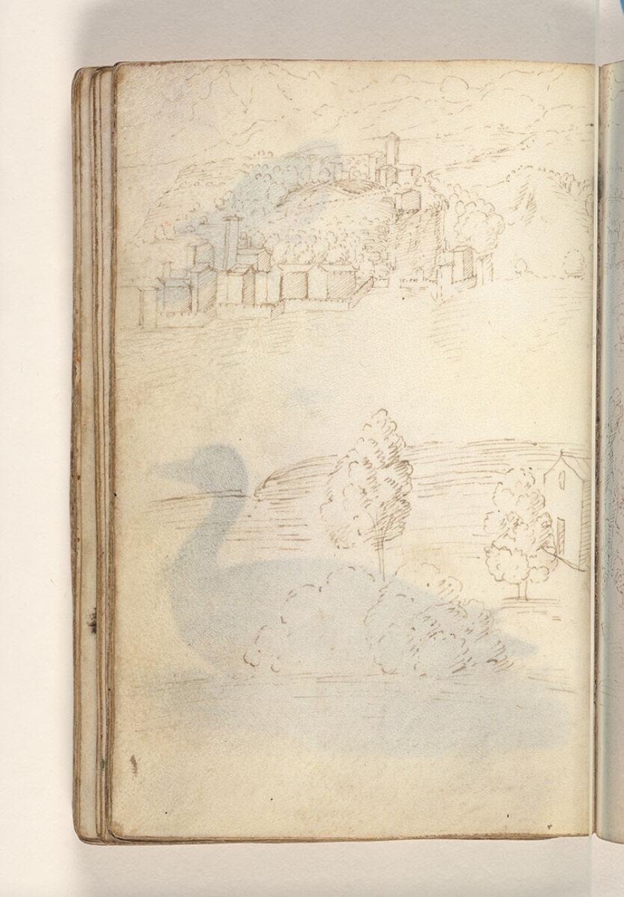 Folio from a Drawing Book: wooded mountainous river landscape with towns and castles