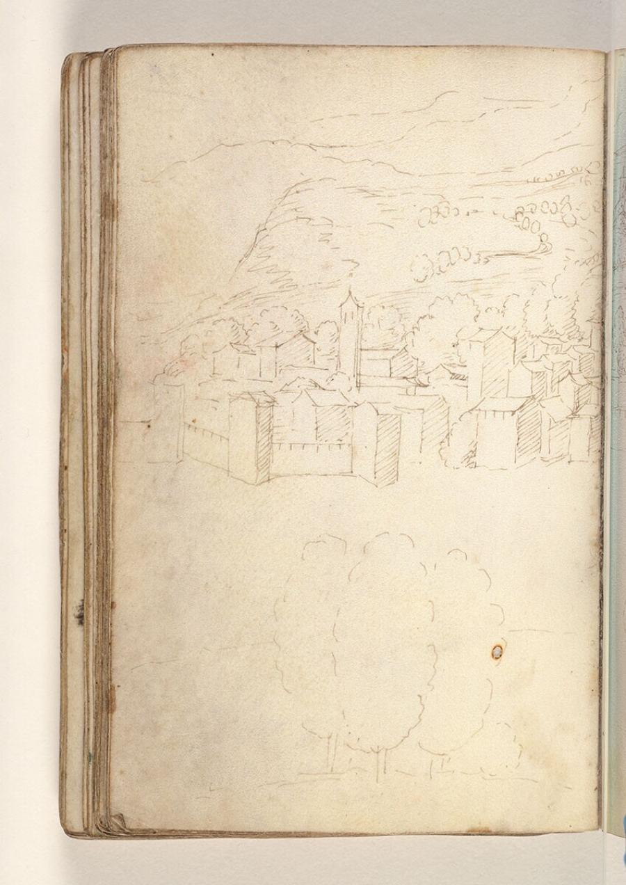Folio from a Drawing Book: fortified city in a hilly landscape