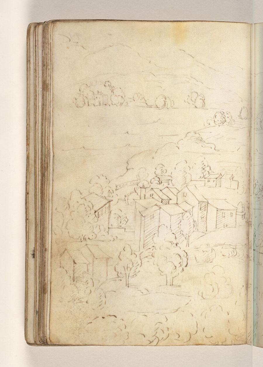 Folio from a Drawing Book: hilly landscape with a village
