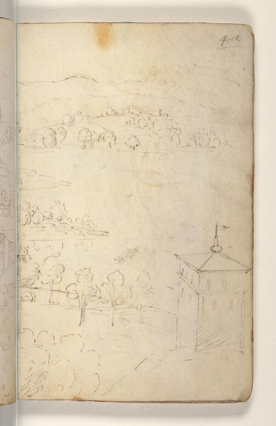 Folio uit een tekeningenboek: heuvellandschap met een toren