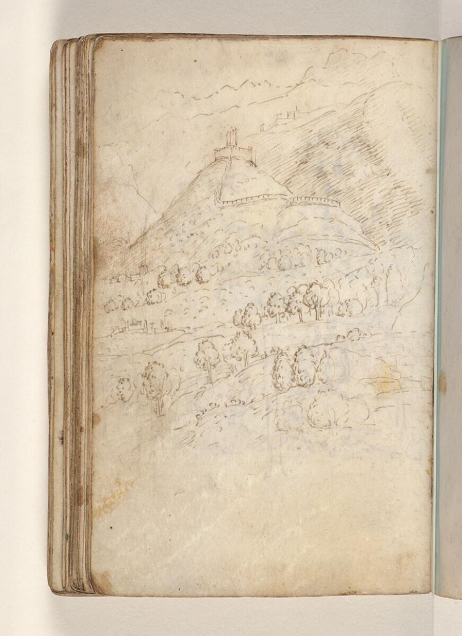 Folio from a Drawing Book: castle on a mountain in a wooded landscape