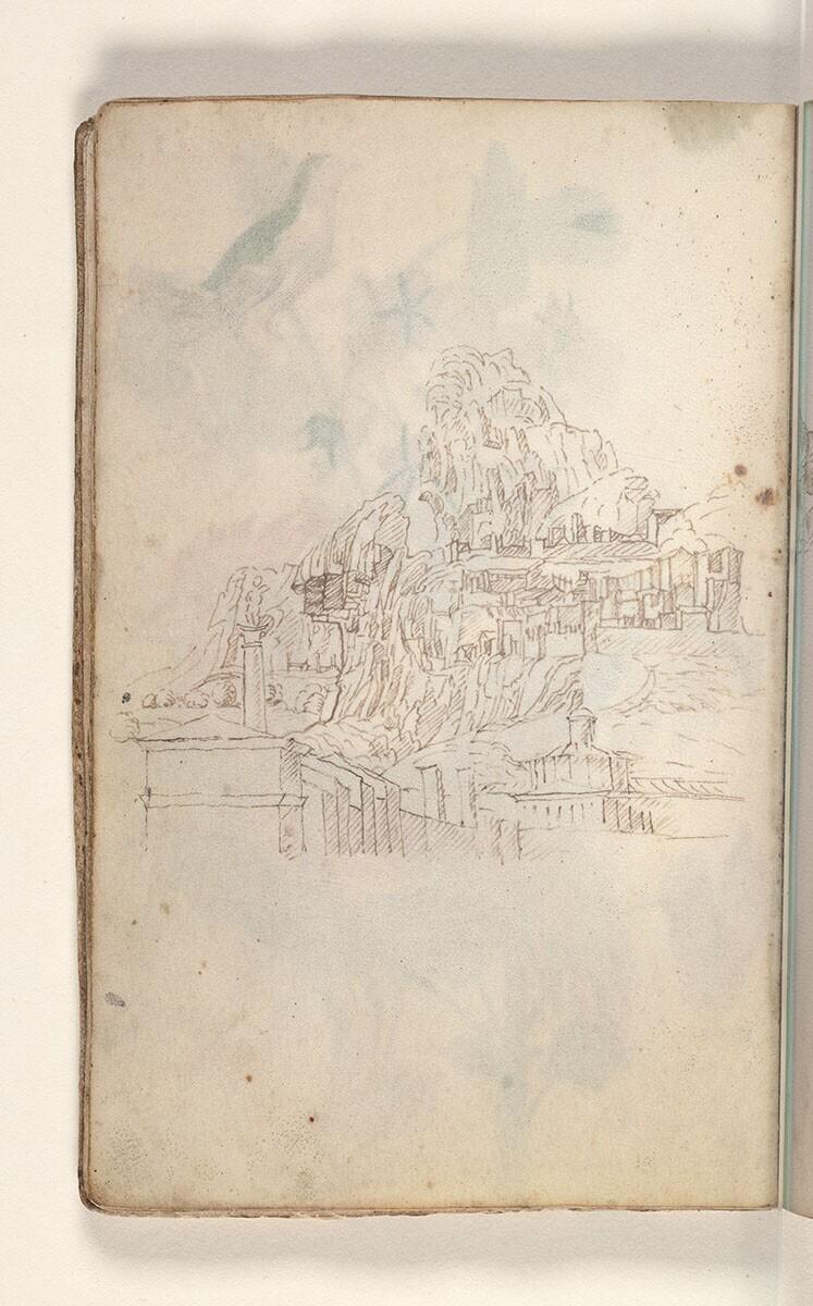 Folio uit een tekeningenboek: stad op een rots met links een sculptuur op een zuil