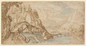 rivierlandschap-met-boogbrug-en-reizigers