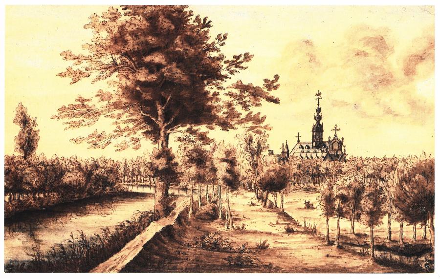 Landschap met kanaal en kerk