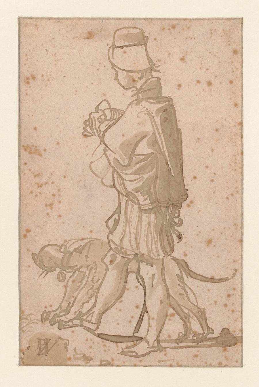 Man Walking with a Dog, Facing Left