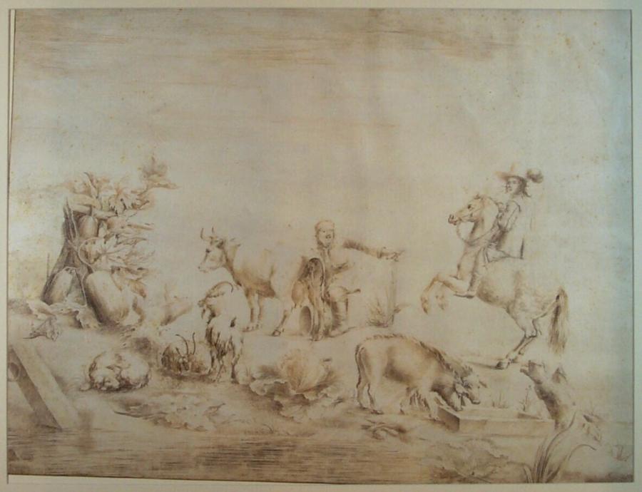Strip of Land near Water with Dog, Two Goats and Two Pigs